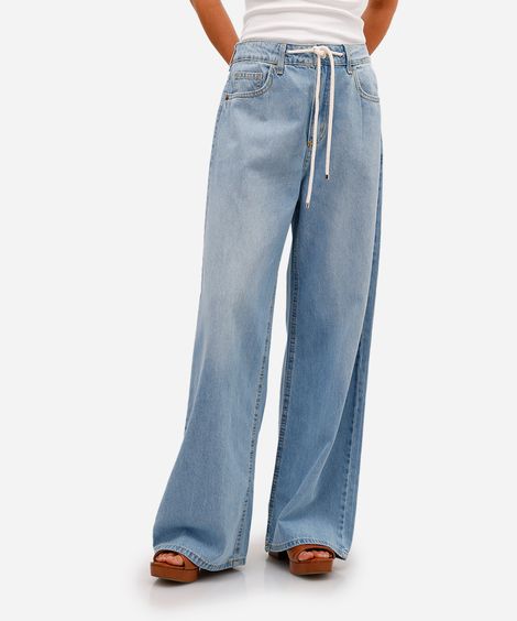 calça wide leg feminina jeans com cordão azul