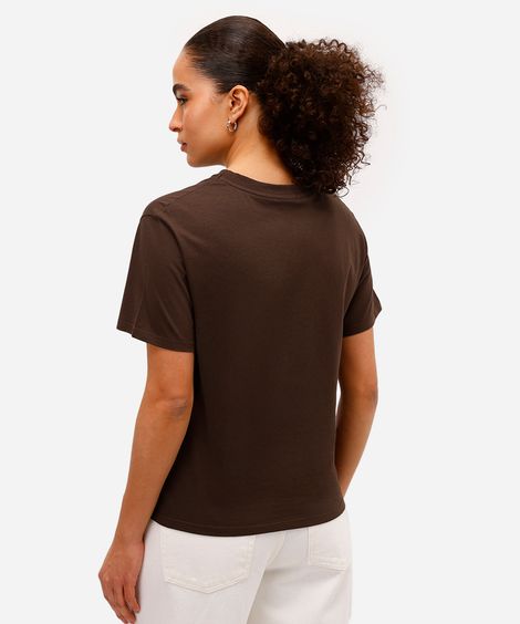 camiseta feminina de algodão bordada folhagens marrom