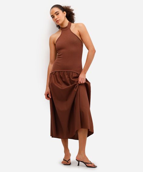 vestido midi feminino frente única de algodão marrom