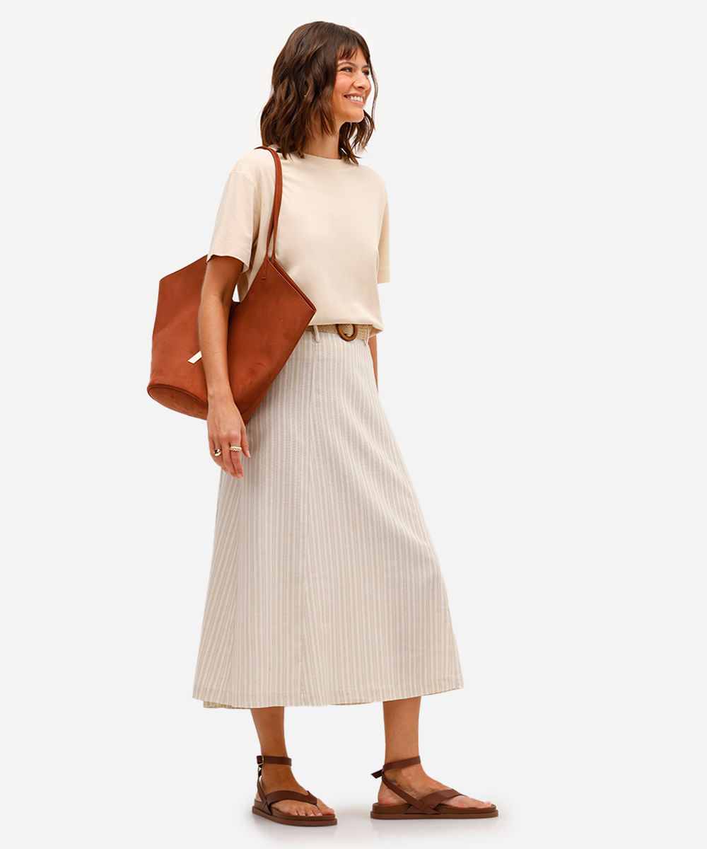 saia midi feminino com linho e cinto listrada bege