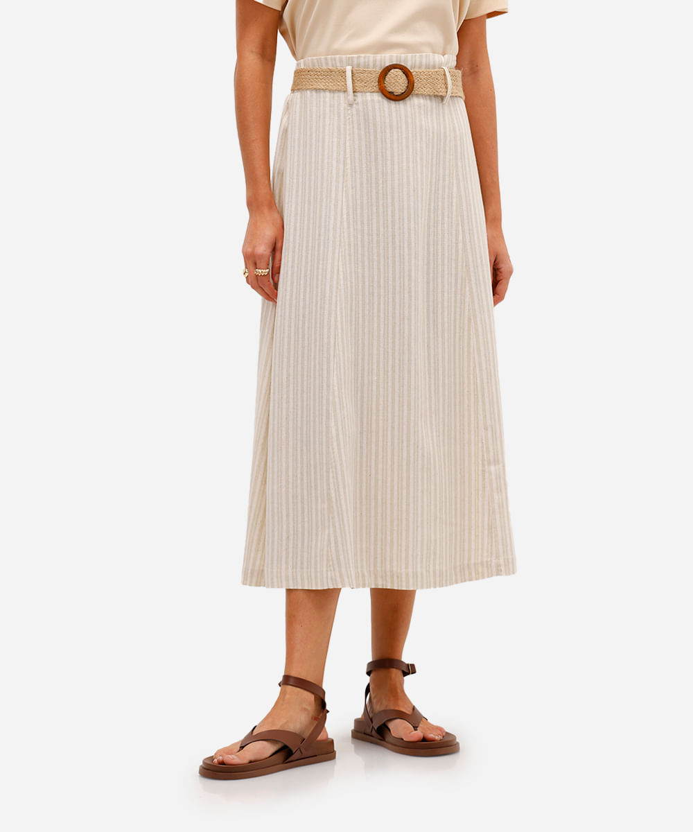 saia midi feminino com linho e cinto listrada bege