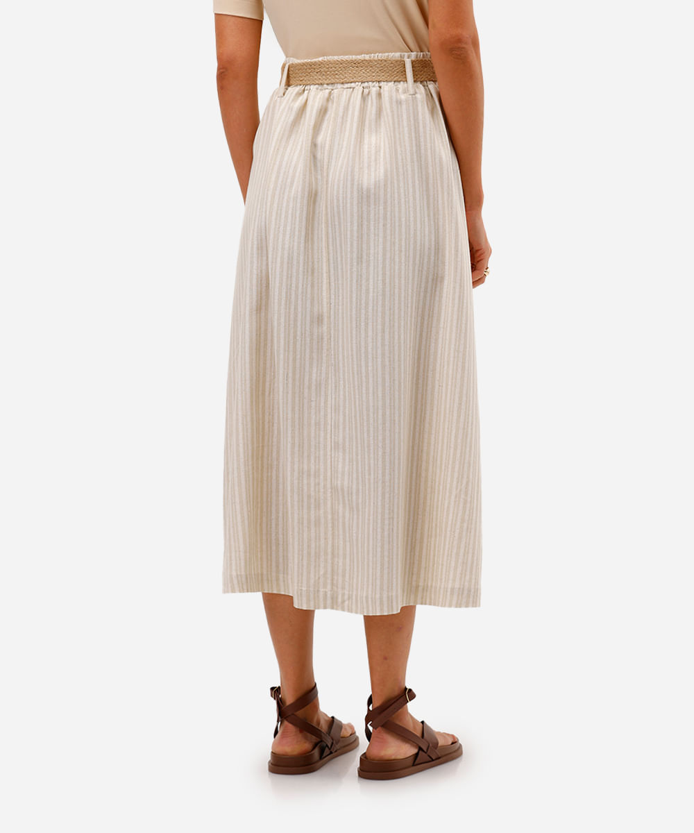 saia midi feminino com linho e cinto listrada bege