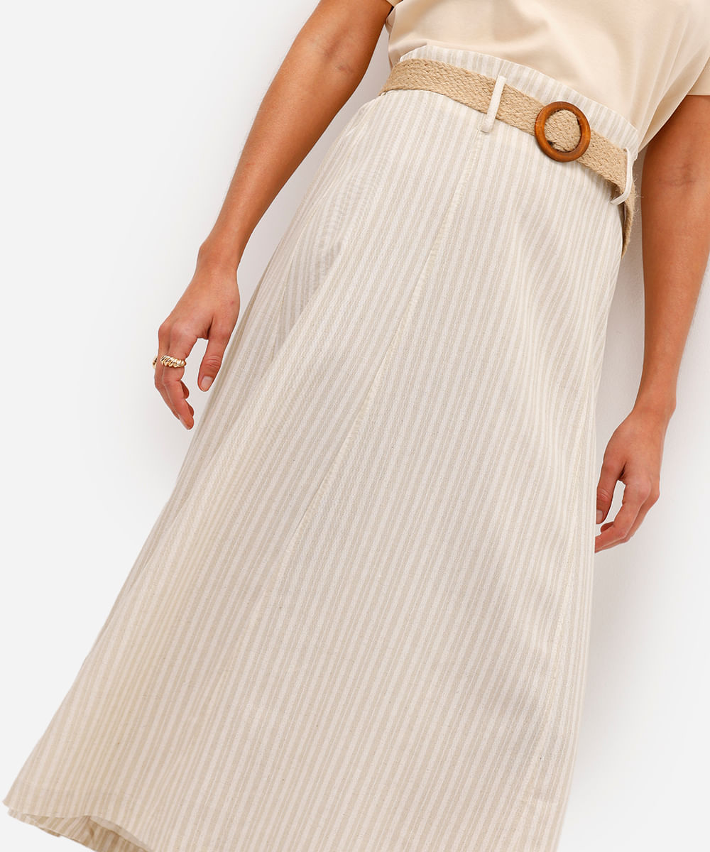saia midi feminino com linho e cinto listrada bege