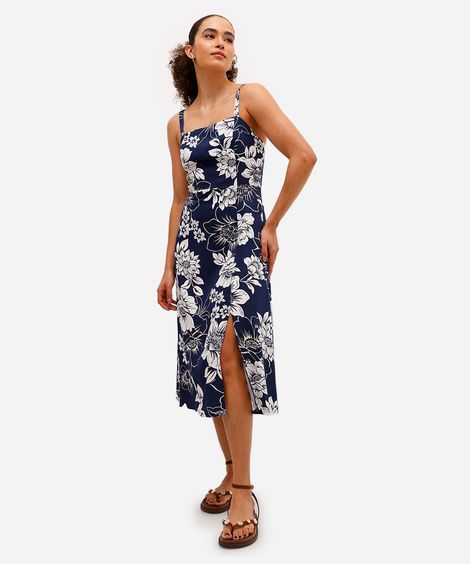 vestido midi feminino de viscose com fenda floral azul