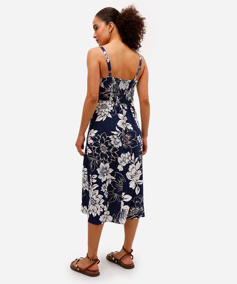 vestido midi feminino de viscose com fenda floral azul