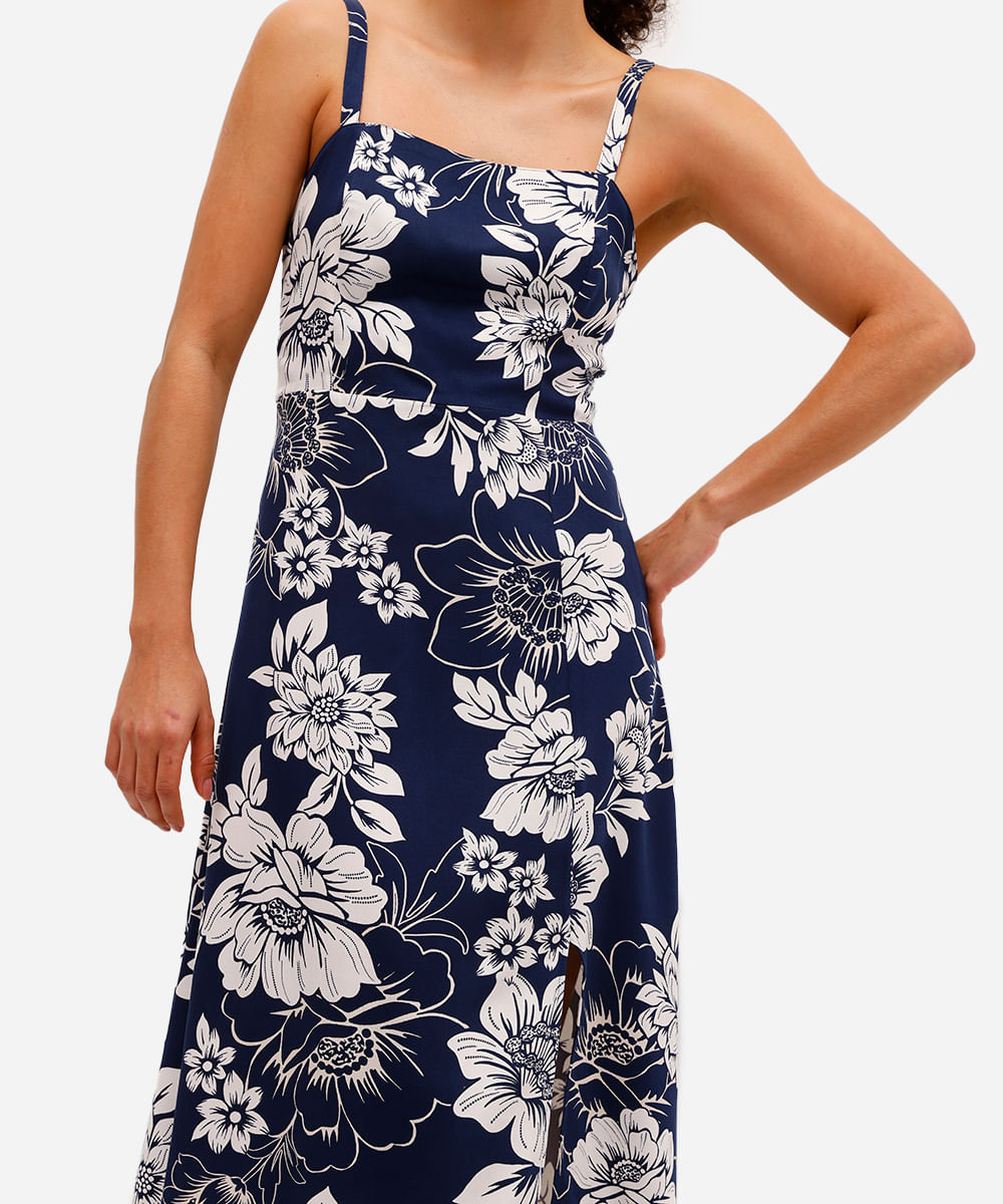 vestido midi feminino de viscose com fenda floral azul