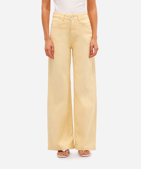 calça wide leg feminina de sarja cintura alta amarela