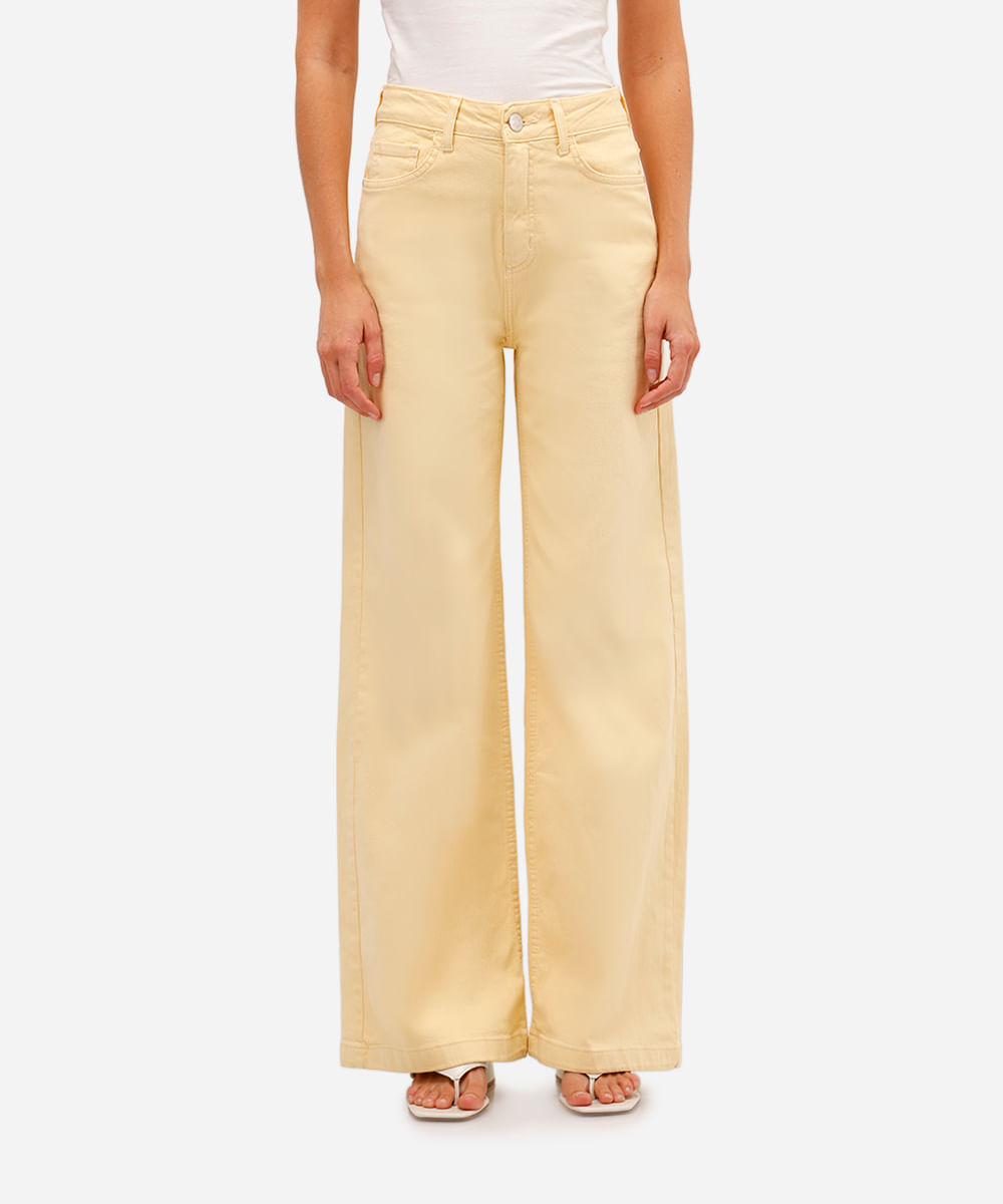 calça wide leg feminina de sarja cintura alta amarela