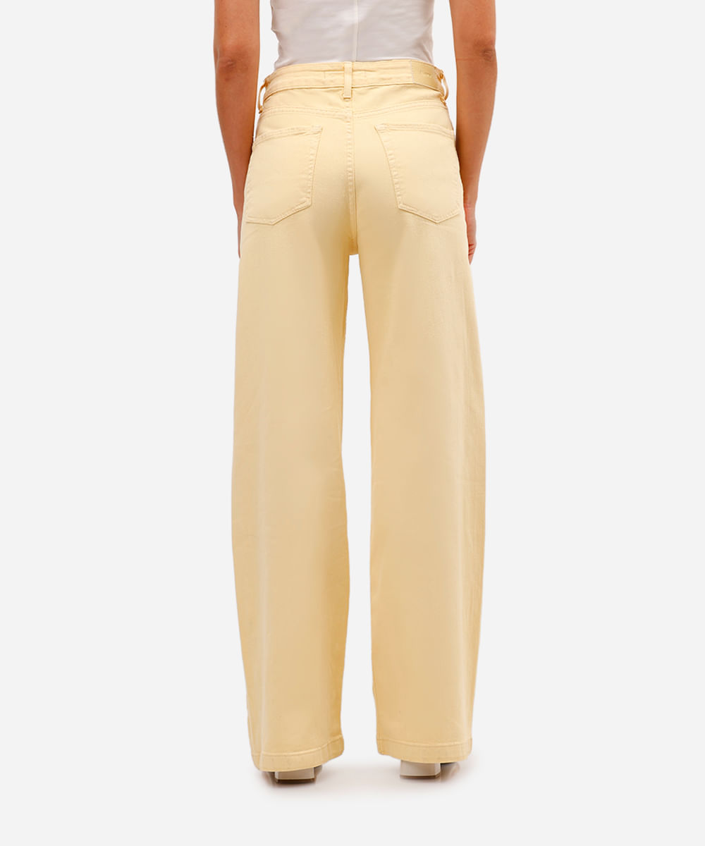 calça wide leg feminina de sarja cintura alta amarela