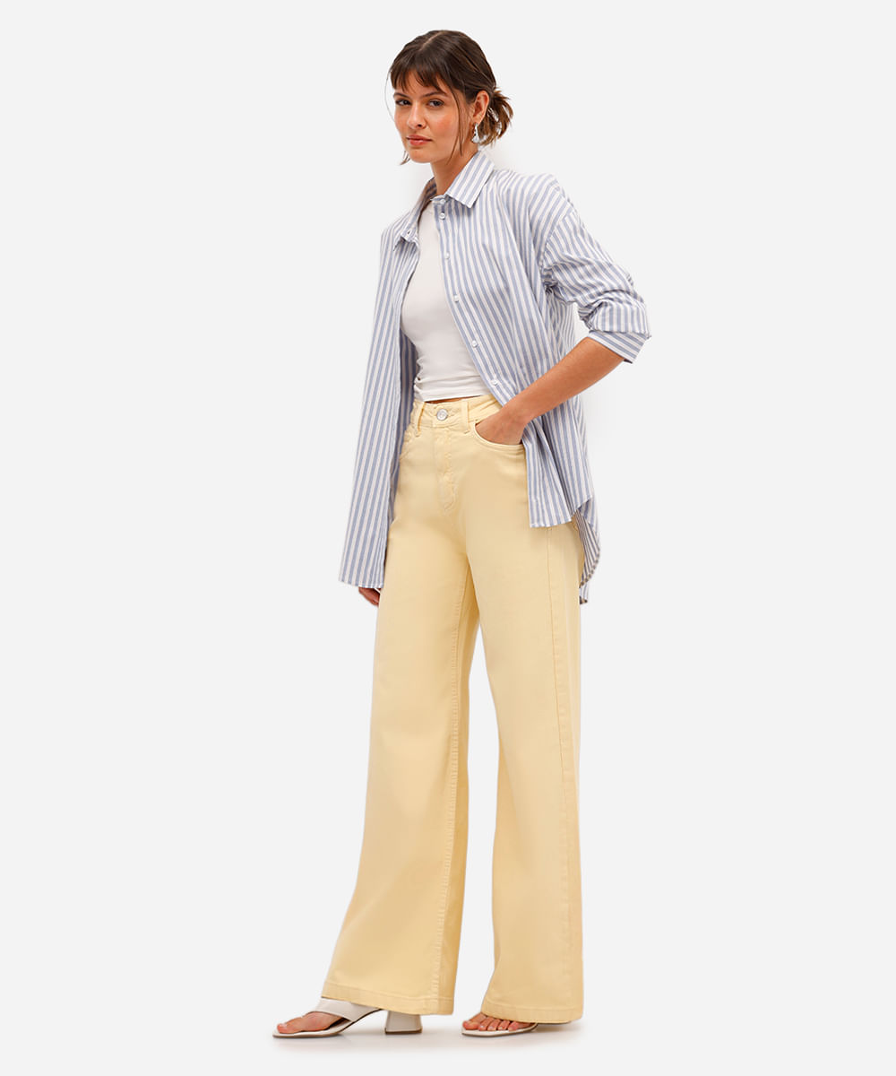calça wide leg feminina de sarja cintura alta amarela