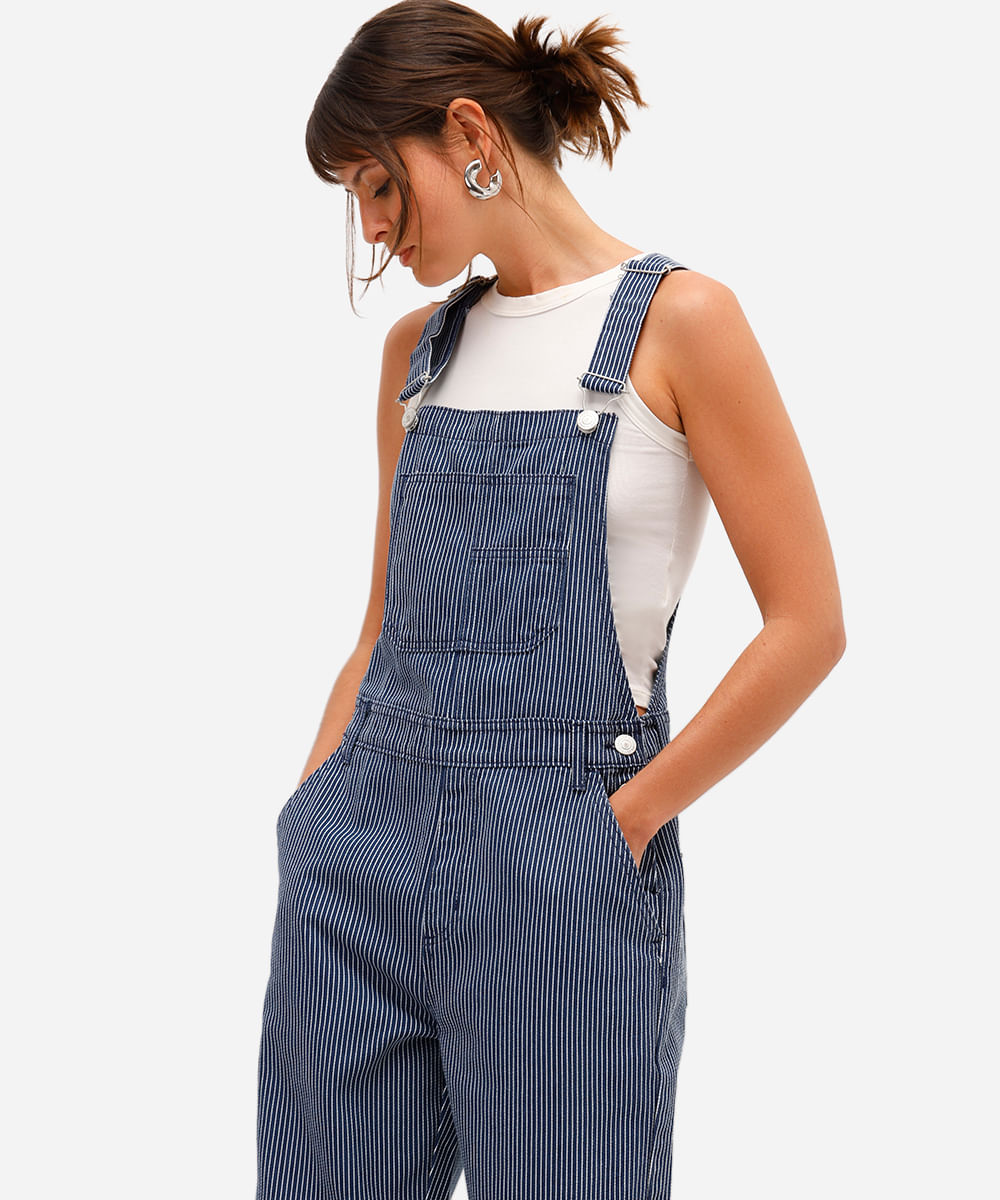 jardineira feminina de sarja listrada azul