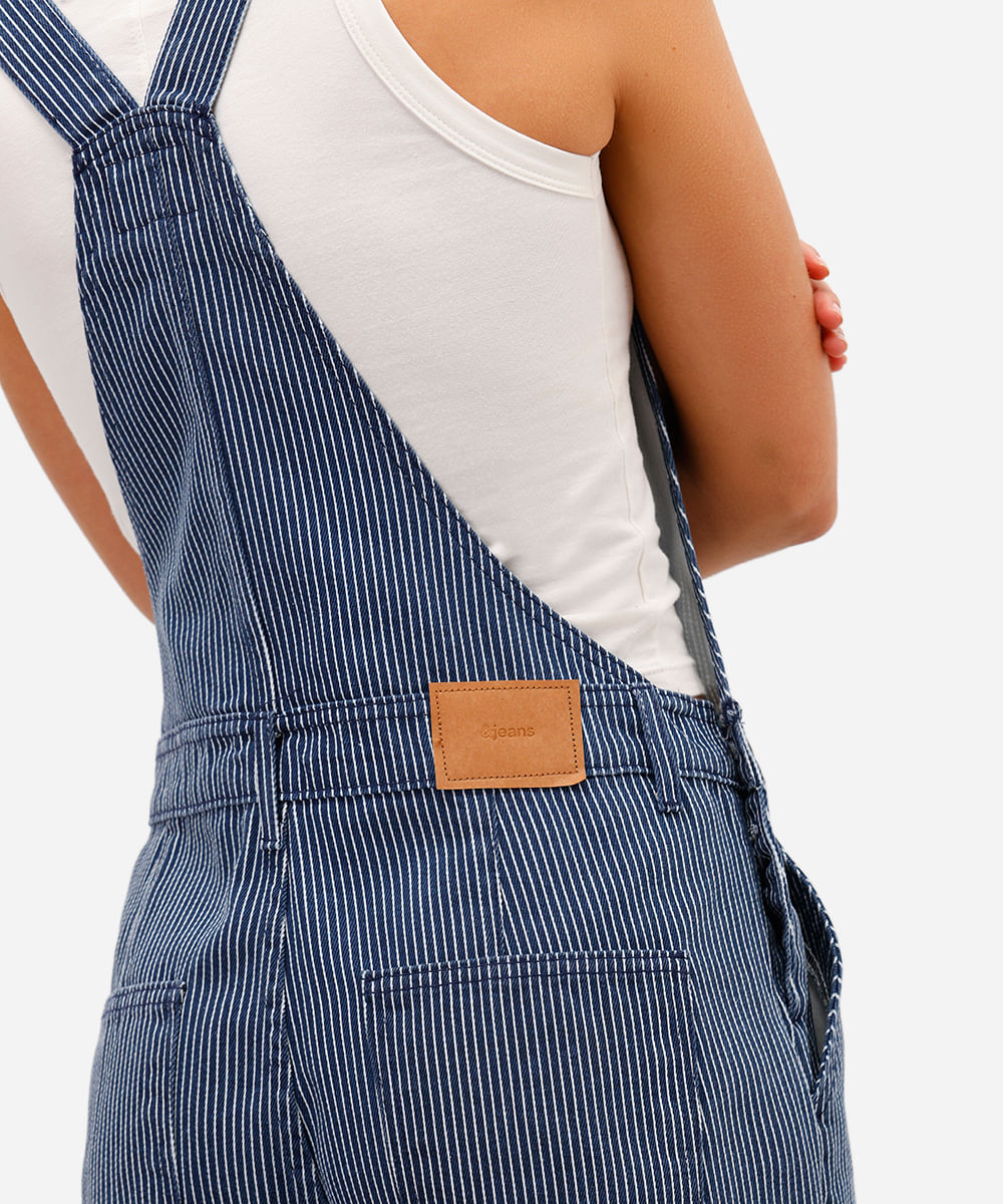 jardineira feminina de sarja listrada azul