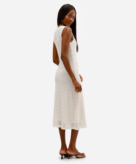 vestido midi feminino de renda floral off white