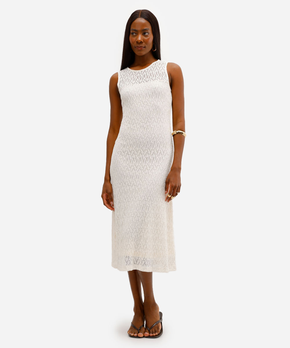 vestido midi feminino de renda floral off white