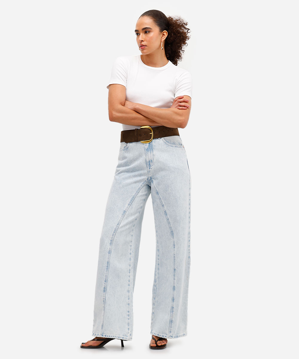 calça wide leg feminina jeans com recortes azul