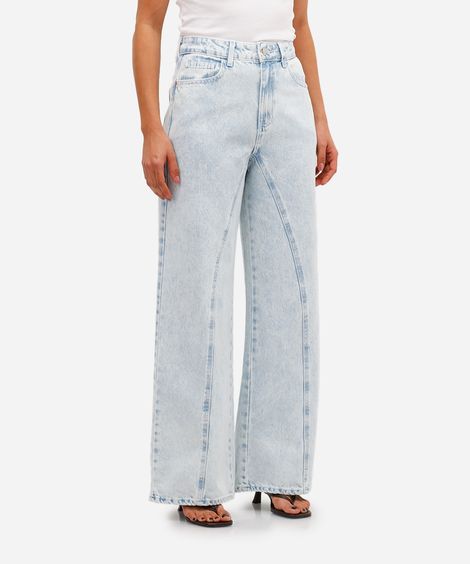 calça wide leg feminina jeans com recortes azul