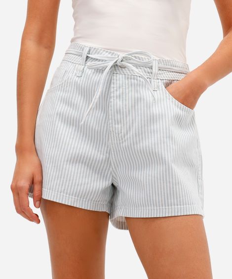 short mom feminino de sarja com cordão listrado azul