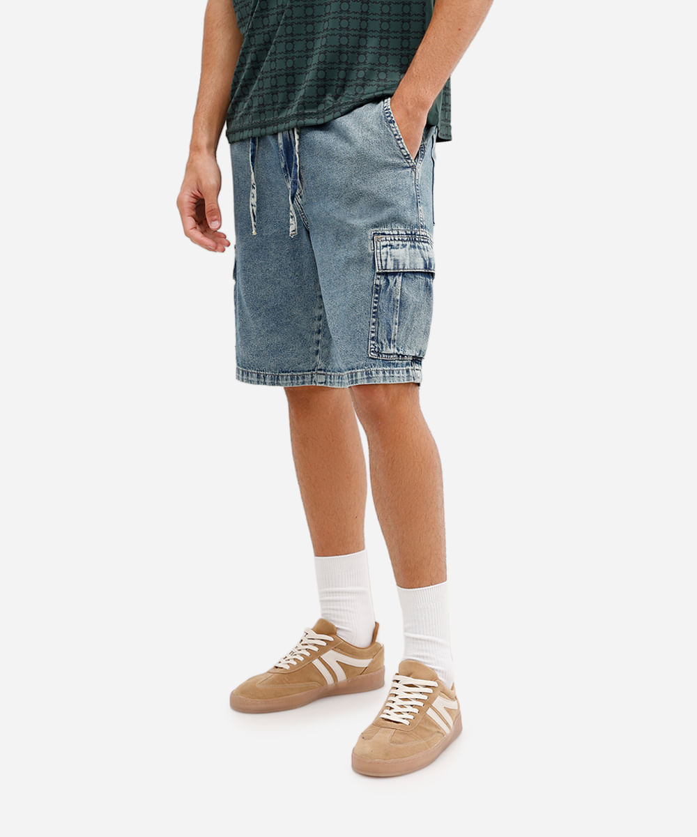 bermuda cargo masculina jeans cós elástico azul