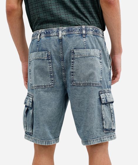 bermuda cargo masculina jeans cós elástico azul