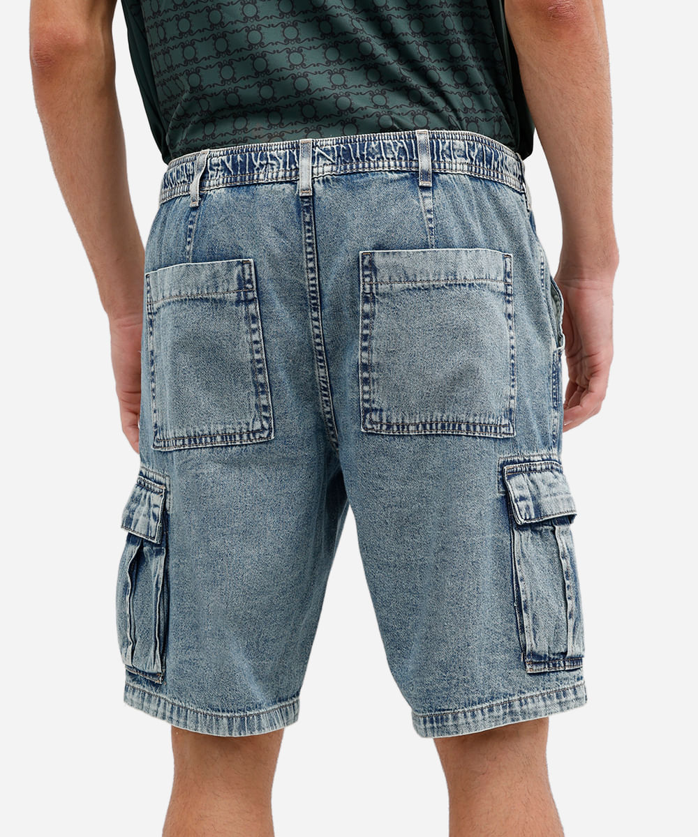 bermuda cargo masculina jeans cós elástico azul