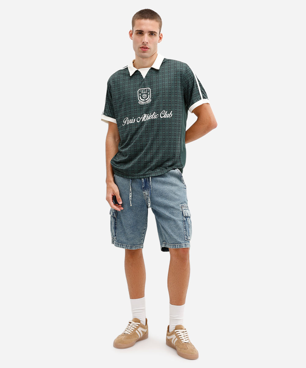 bermuda cargo masculina jeans cós elástico azul