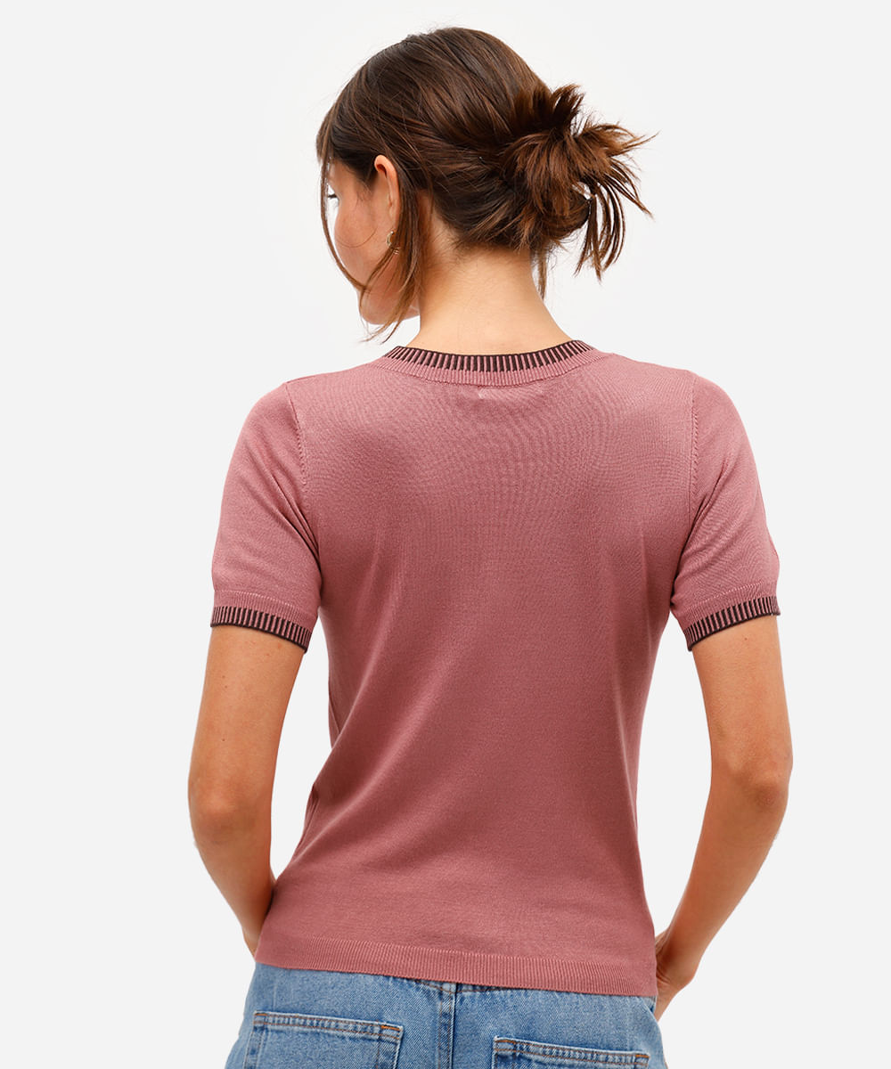 blusa feminina de tricot manga curta rosa
