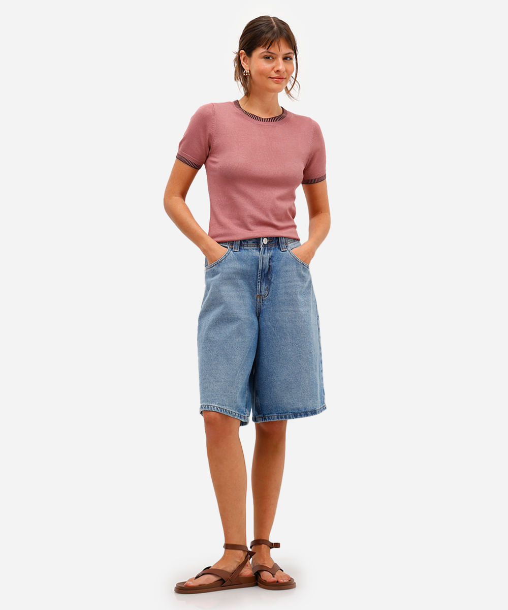 blusa feminina de tricot manga curta rosa