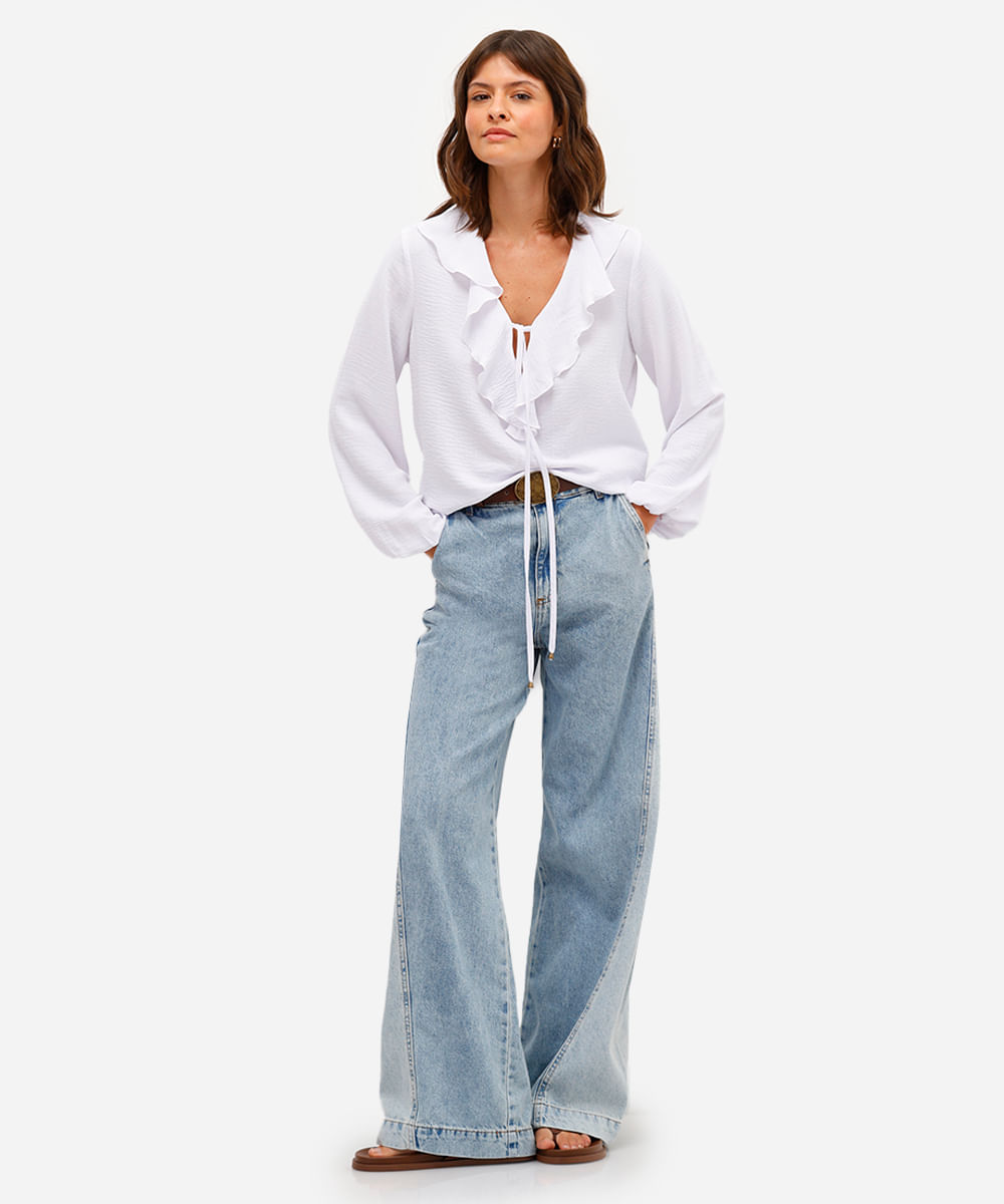 bata feminina manga bufante com babado texturizada off white