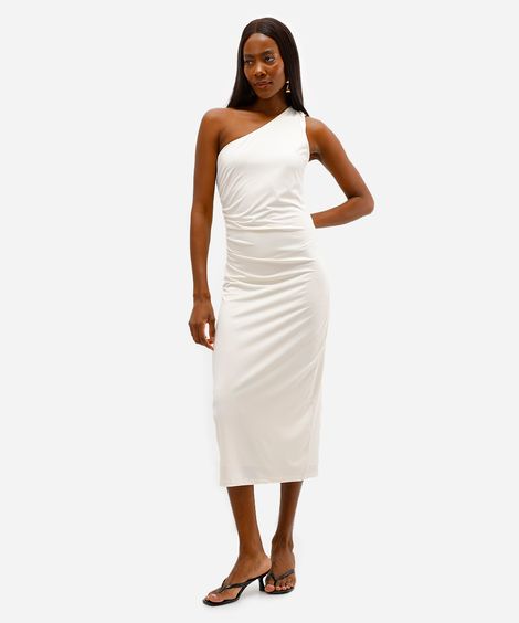 vestido ombro único feminino franzido off white