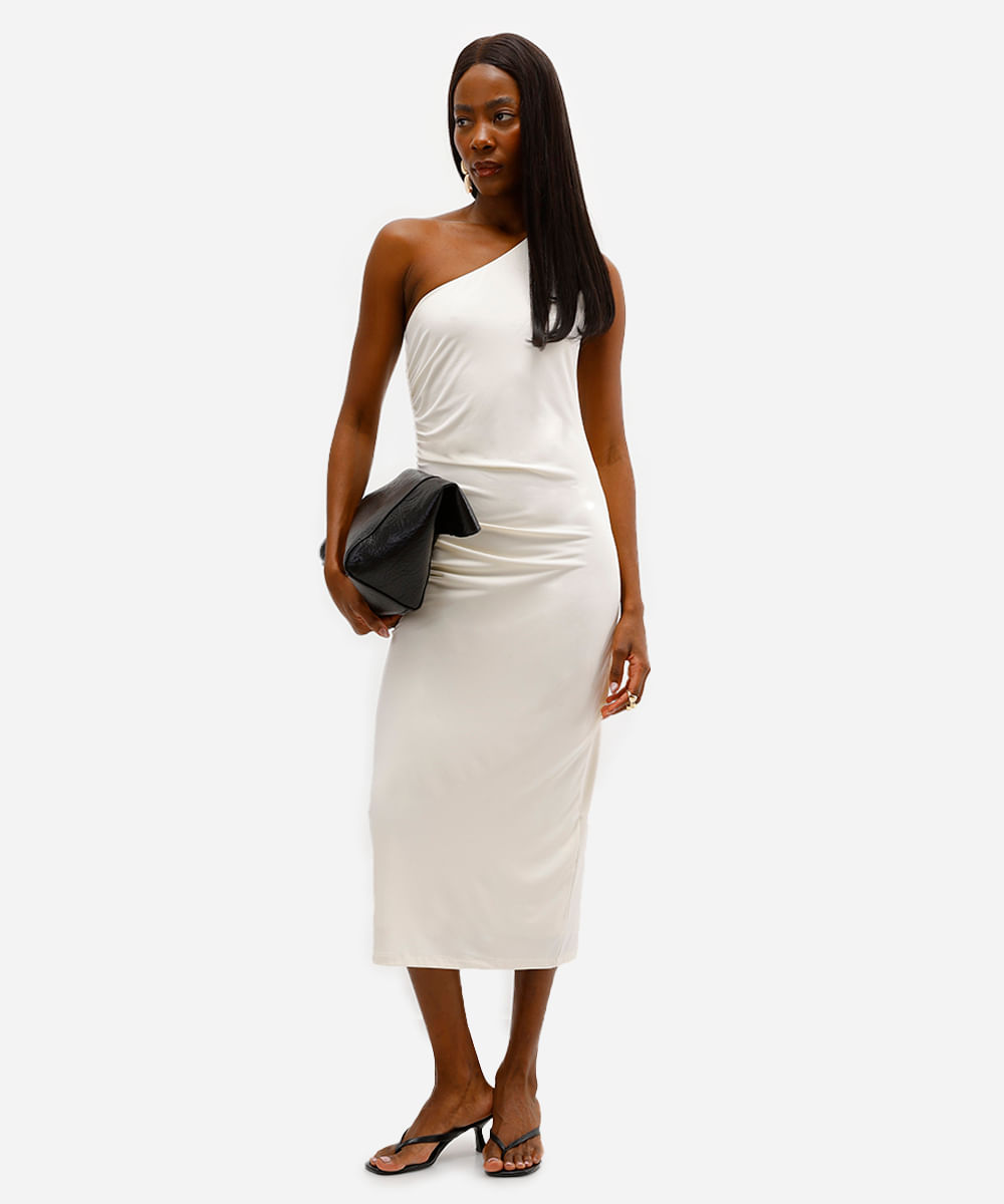 vestido ombro único feminino franzido off white