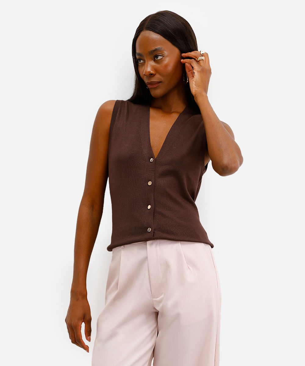 Colete feminino de tricot com fendas marrom