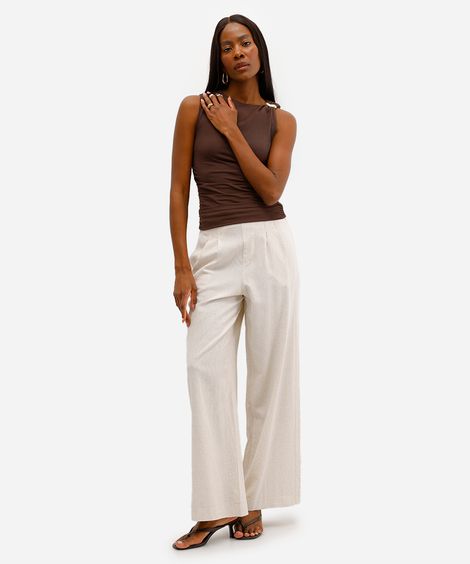 calça wide leg feminina com linho e pregas cós elástico bege
