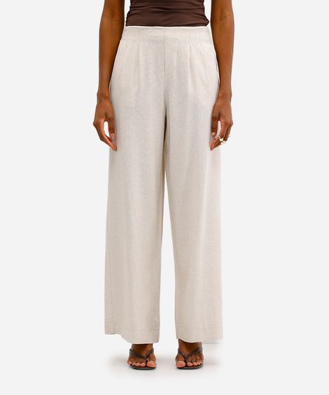 calça wide leg feminina com linho e pregas cós elástico bege
