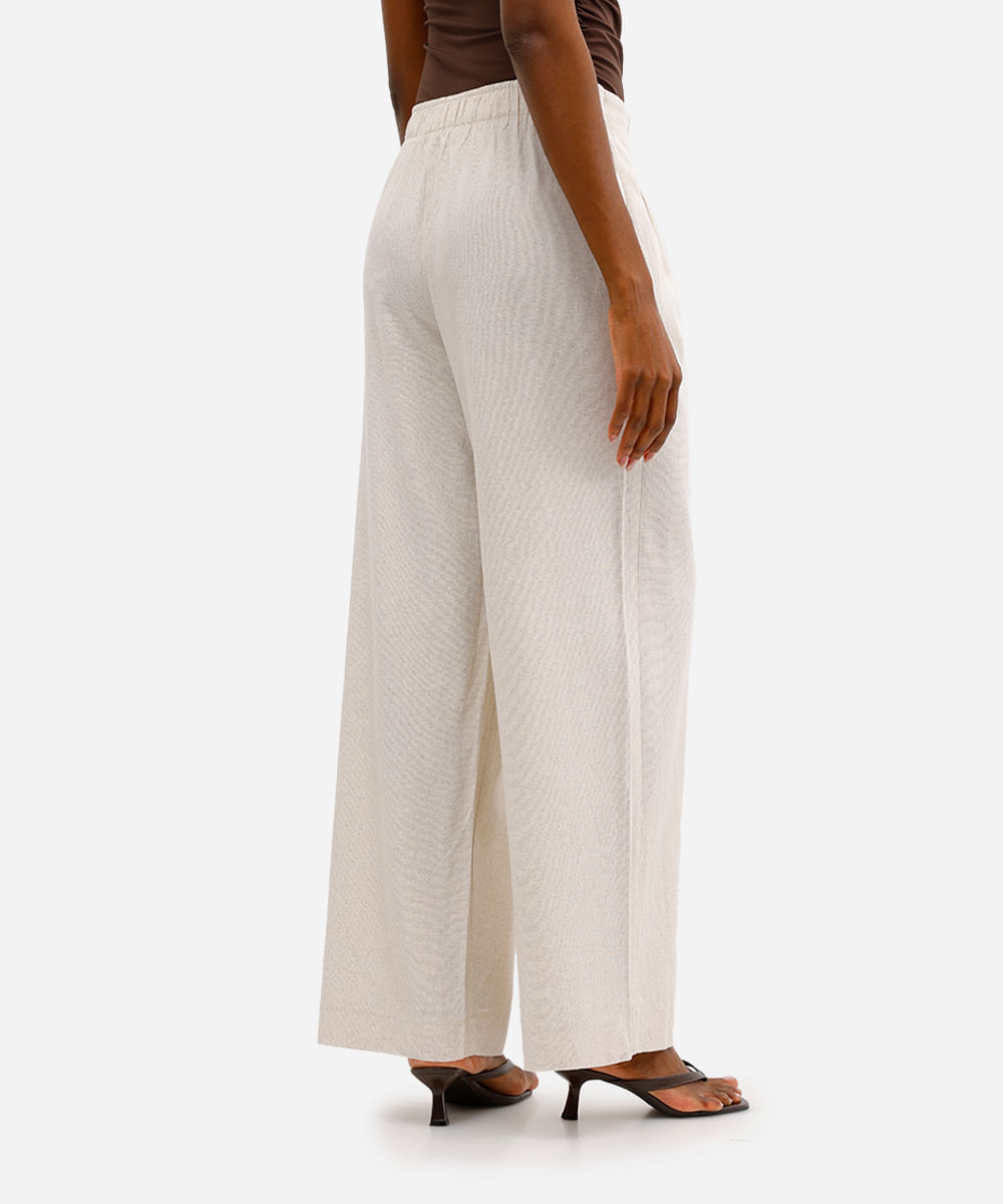 calça wide leg feminina com linho e pregas cós elástico bege