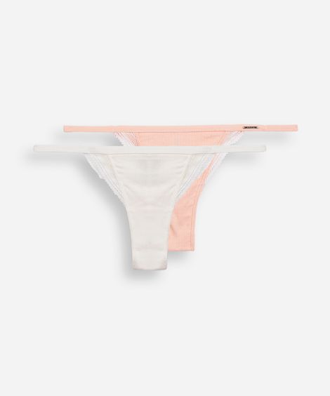 kit de 2 calcinhas femininas string canelada com renda colorida