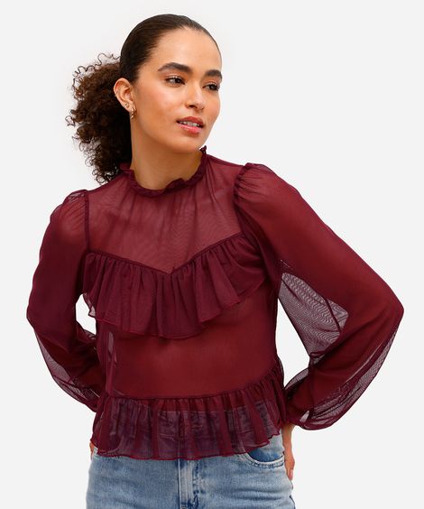 bata feminina de tule manga bufante com babados vinho