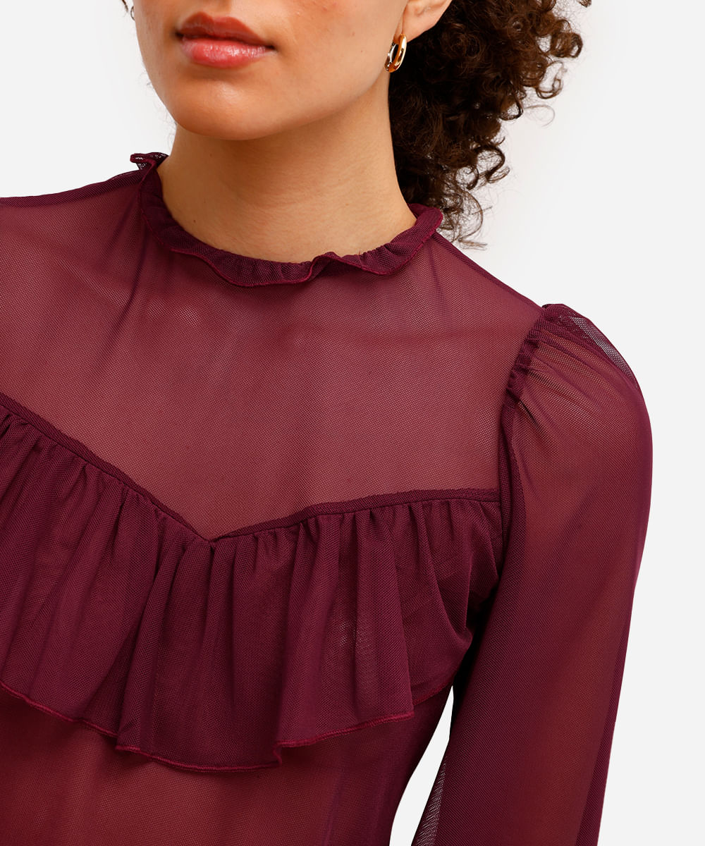 bata feminina de tule manga bufante com babados vinho