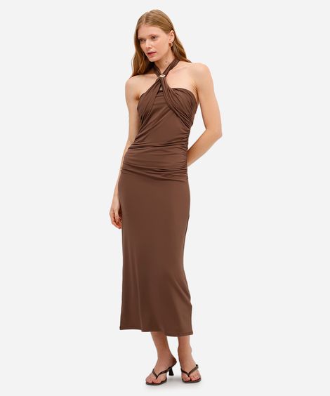 vestido midi feminino frente única franzido marrom