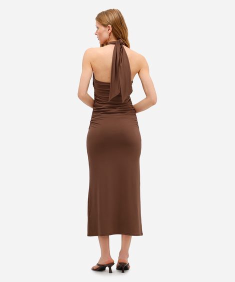vestido midi feminino frente única franzido marrom