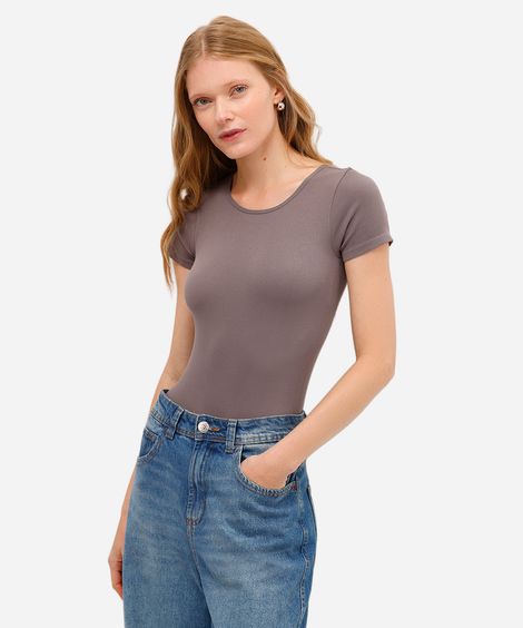 body básico feminino manga curta canelado cinza