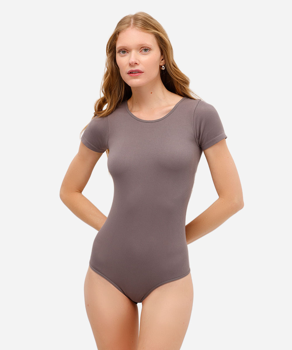 body básico feminino manga curta canelado cinza