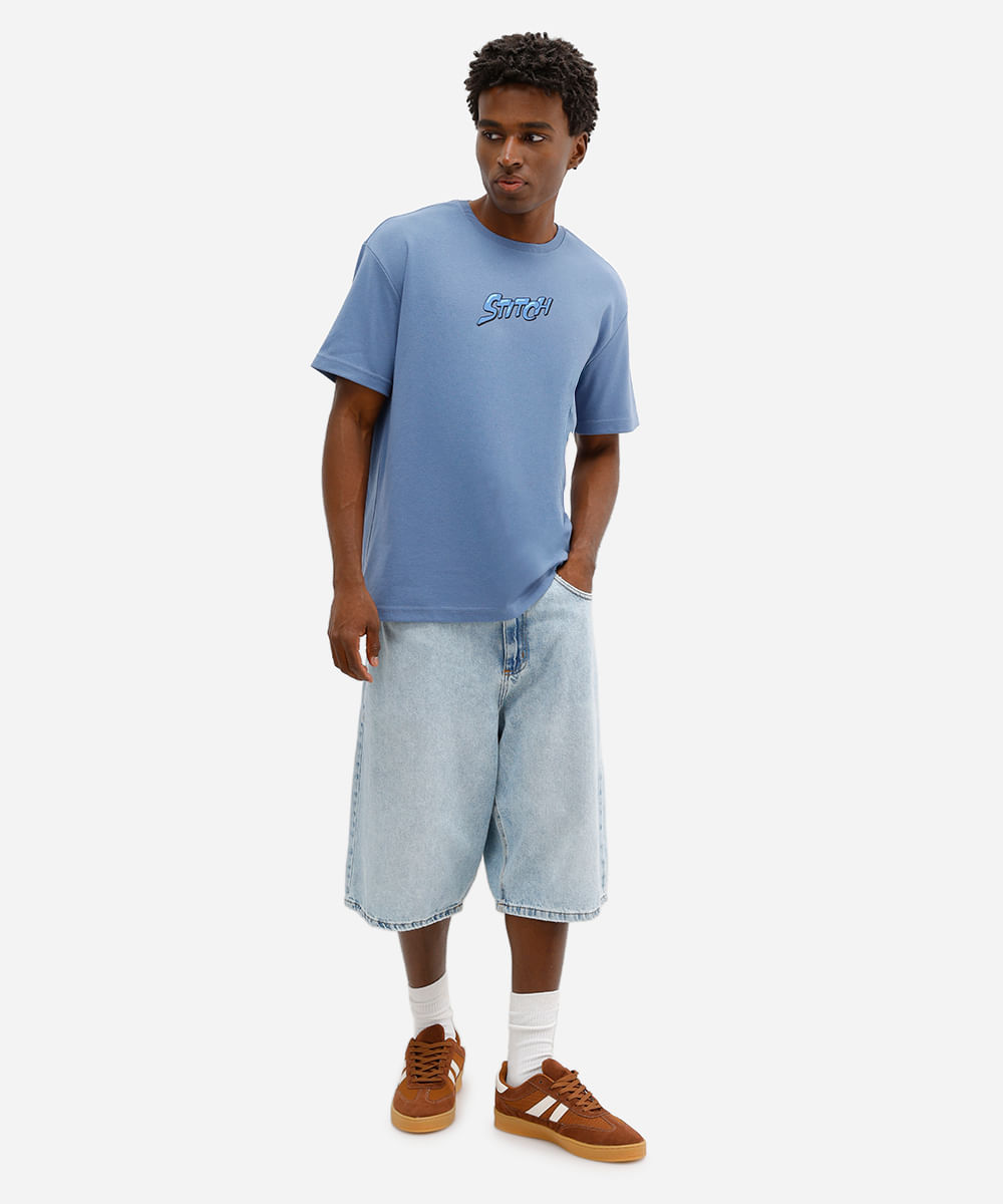 camiseta masculina manga curta stitch azul
