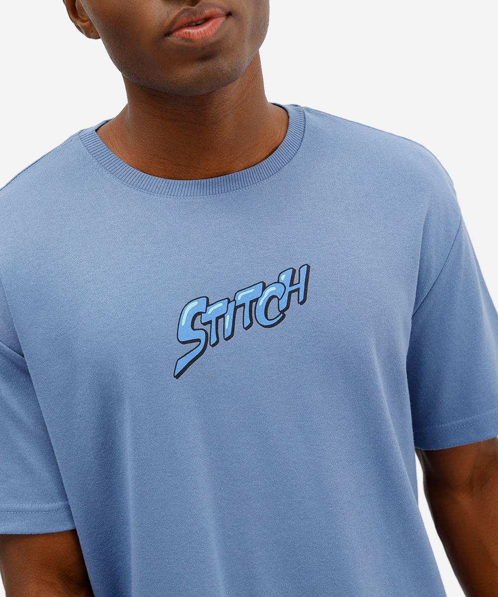 camiseta masculina manga curta stitch azul