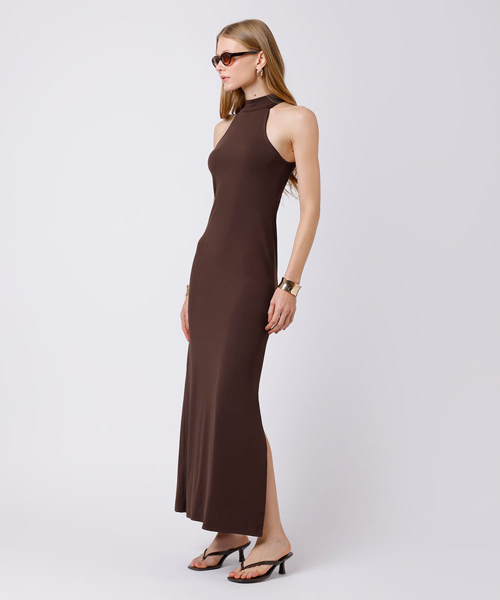 vestido midi feminino halterneck mindset - marrom
