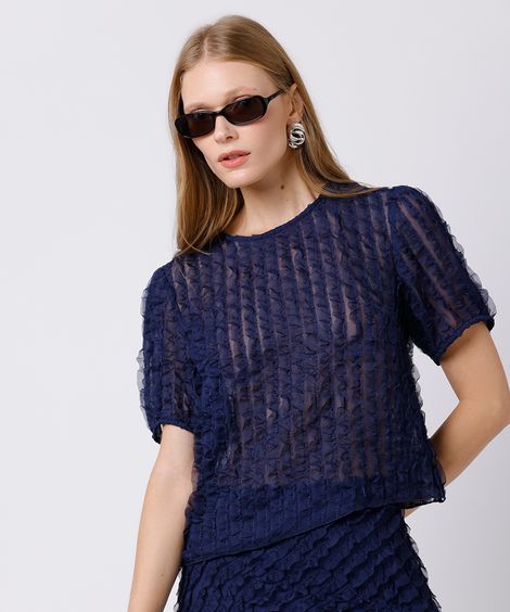 blusa feminina manga bufante com babados mindset azul