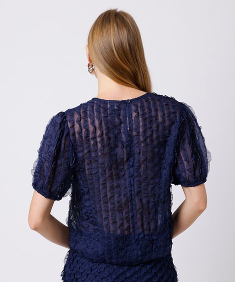 blusa feminina manga bufante com babados mindset azul