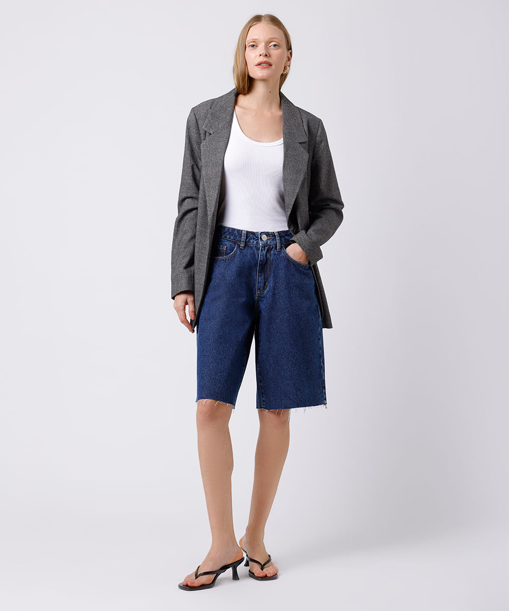 bermuda reta feminina jeans cintura alta mindset azul