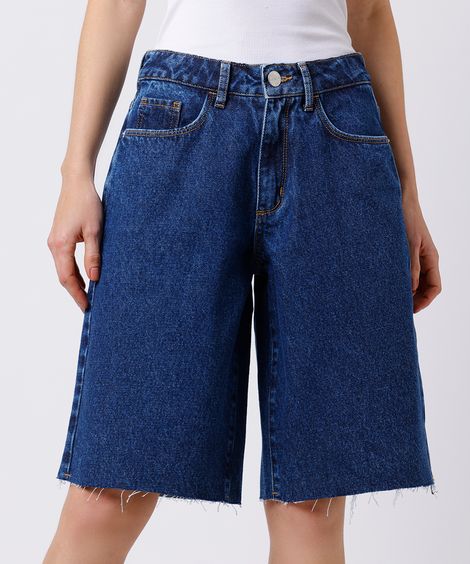 bermuda reta feminina jeans cintura alta mindset azul