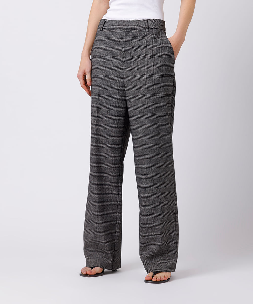 calça reta feminina de alfaiataria xadrez mindset cinza