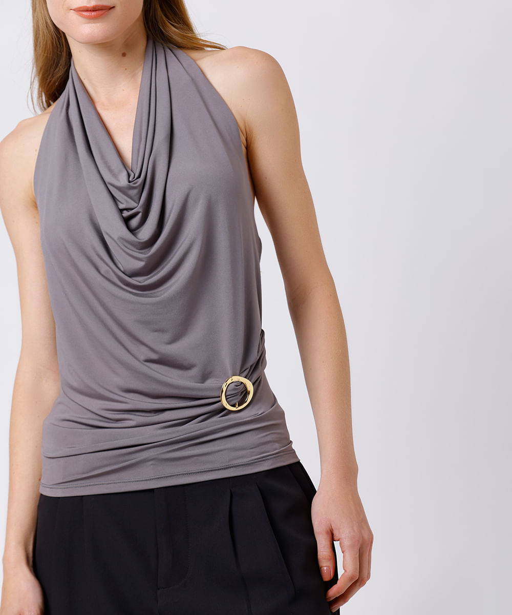 blusa frente única feminina franzida mindset cinza